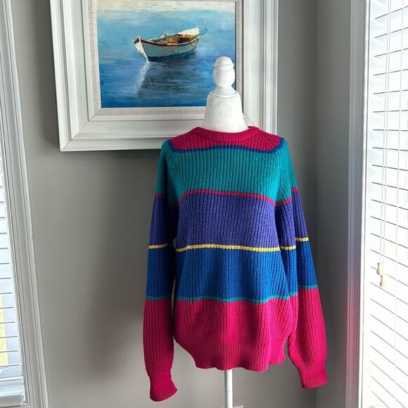 Vintage 90s Classic Fashion Striped Rainbow Sweater Medium - Picture 1 of 13
